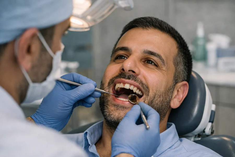 Real dentist examining patient before treatment at Enfield Dental Clinic