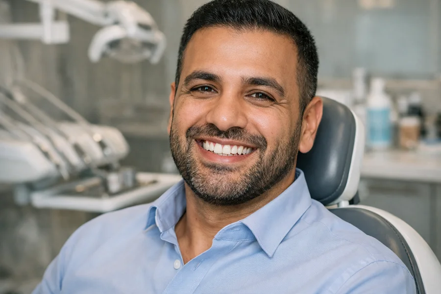 After treatment patient smile portrait with fully restored natural-looking teeth inside Enfield Dental Clinic