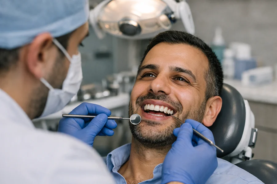 Real dentist with patient after successful smile restoration treatment at Enfield Dental Clinic for Same Day Dental Implants in Dubai